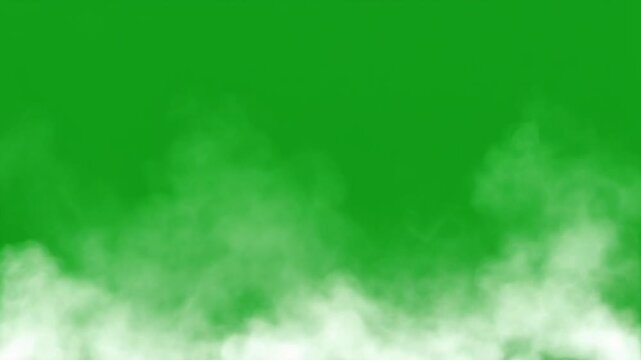A seamless, looping animation of realistic white smoke, fog, or clouds on a green screen. A perfect chroma key element for creating misty or atmospheric effects.