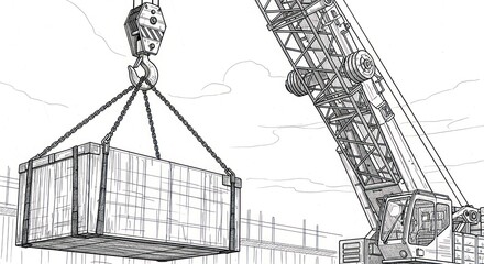 Crane lifting container construction site drawing illustration