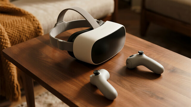 A clean, top-down flat lay of VR gaming essentials (headset, controllers) on a warm, wooden coffee table