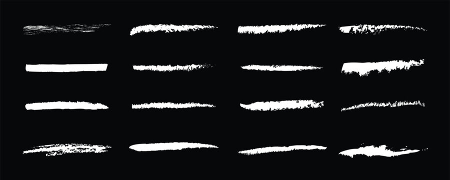 White grunge brush and chalk underline strokes vector set. Hand drawn paint streaks and charcoal texture lines on black background, rough artistic divider illustration.