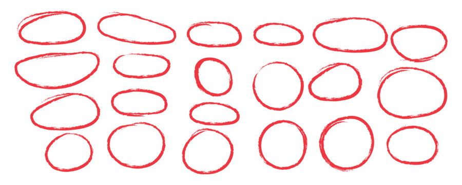 red charcoal and pencil hand drawn circles and ovals vector set. Doodle ellipses, marker highlight bubbles and rough round frames for diagrams and emphasis, sketch texture illustration.