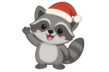 Obraz premium Cute raccoon wearing a red santa hat and smiling, waving its paw to greet, celebrating christmas and new year