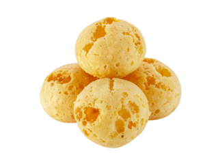 Stack of Brazilian cheesy bread balls with golden crust and holes, isolated on white transparent background, concept of Brazil Pao de Queijo food
