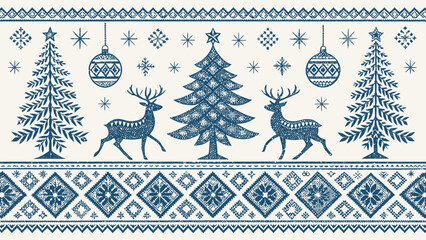 Aesthetic christmas pattern with reindeer trees ornaments and snowflakes in blue and white colors design silhouette