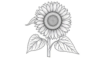 Detailed black and white illustration of a mature sunflower in full bloom