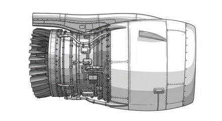 Detailed engineering illustration of a jet engine on white background