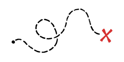 Old pirate treasure map. Dashed line and red X sign on travel paper map. Path to treasure and gold location. Old pirate letter. Vector illustration isolated on white background.