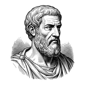 Plato bust in woodcut style in black and white