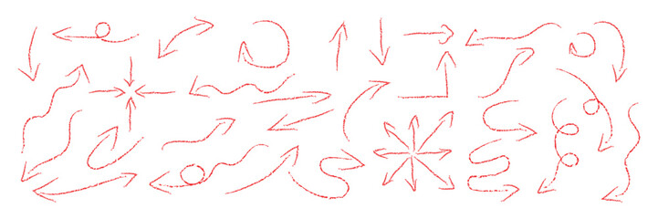 Freehand charcoal arrow vector collection. Hand drawn curved doodle pointers and sketch direction lines with rough chalk texture, artistic marker style illustration.
