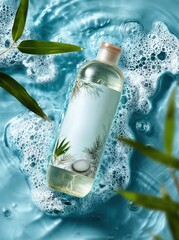 Cosmetics bottle floating on clear water with foam and bamboo