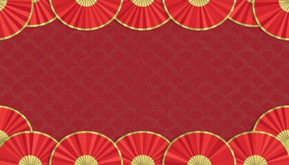 Obraz premium Red and gold paper fan Chinese decoration background for 2026 lunar Chinese new year concept