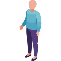 Full Body Isometric View of a Faceless Person Wearing a Light Blue Sweater and Purple Pants Standing with Open Hand Against a White Background