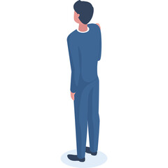 Full Body Isometric View Of A Man In A Blue Suit Standing Still With His Left Arm Slightly Raised And His Head Turned Away From The Viewer Against A White Background