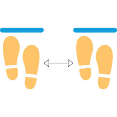 Footprints Indicating Social Distancing Guidelines With Blue Horizontal Lines Above And Double Arrow In Between On A Transparent Background