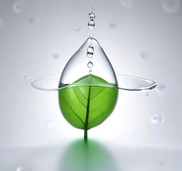 A single green leaf floating on a drop of water shaped like a fuel droplet