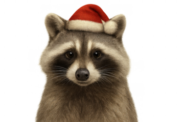 Raccoon animal wearing a red santa hat during christmas celebration, showing seasonal festivity and wildlife christmas theme