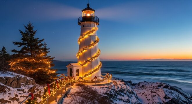 Lighthouse adorned with christmas lights on a snowy coast at dusk during the holidays