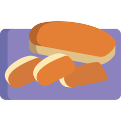Four golden brown bread rolls arranged on a purple cutting board with a transparent background featuring a simple illustration of baked goods ideal for culinary themes