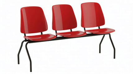 Three red retro chairs in a row on black metal legs