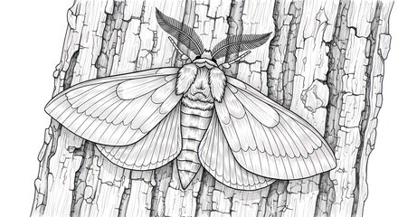 Detailed illustration of a moth on textured tree bark in black and white