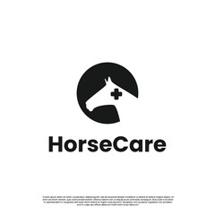 Horse Care logo design with equine head and cross symbol for veterinary clinic branding needs