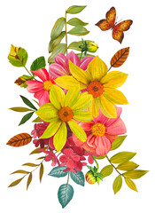 Red, pink, yellow dahlias. Arrangement of bright dahlias, leaves. Hand drawn watercolor illustration.