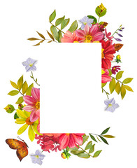 Floral  frame with bright dahlias and leaves. Hand drawn watercolor illustration.