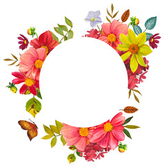 Floral round frame with bright dahlias and leaves. Hand drawn watercolor illustration.