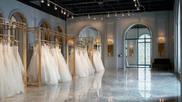 A bridal boutique with rows of white wedding dresses on gold racks in a bright, elegant showroom.