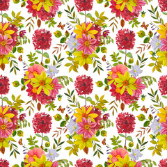 Seamless floral  pattern with vibrant yellow, red dahlias, leaves. Hand drawn watercolor illustration.