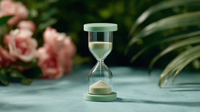 Surreal hourglass inverting to pour timeless sand in a tranquil, floral garden setting under soft natural light