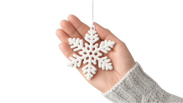 Hand Holding White Snowflake Ornament on White Background