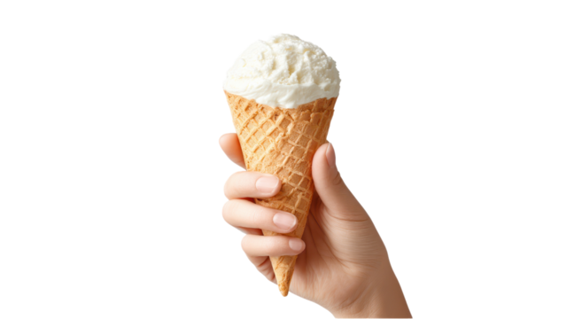 Hand Holding Vanilla Ice Cream Cone on White Background