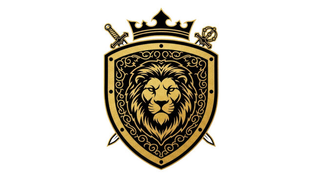 Heraldic lion crest with crown and swords on transparent background