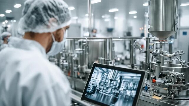 A factory worker in a cleanroom, wearing a hairnet and mask, checks a tablet displaying a production line.