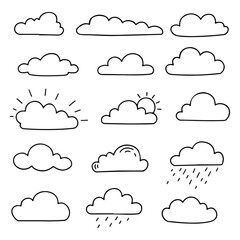 Cute Hand Drawn Cloud Icon Set with Rain and Sun Variations