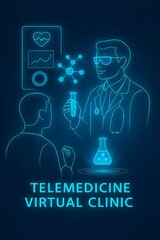  Futuristic telemedicine hologram showing doctor-patient interaction in virtual clinic.