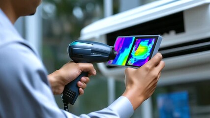 Faceless technician holding thermal imaging device scanning smart air conditioner for faults, digital heat map overlay, defocused background, with copy space. - Powered by Adobe