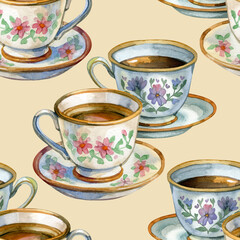 Watercolor seamless pattern with floral tea cups and saucers, hand-painted porcelain dishes, elegant botanical design for wrapping paper, textile, and cozy interior decor