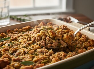 Close-up shot of a baked casserole dish filled with savory stuffing.