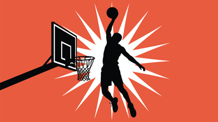 Dynamic basketball player silhouette soaring for slam dunk against vibrant burst background perfect for sports branding and athletic design projects