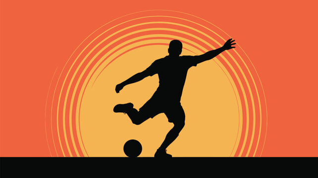 Dynamic soccer player silhouette kicking ball against vibrant sunset backdrop, perfect for sports advertising or motivational designs and inspiring projects - Powered by Adobe