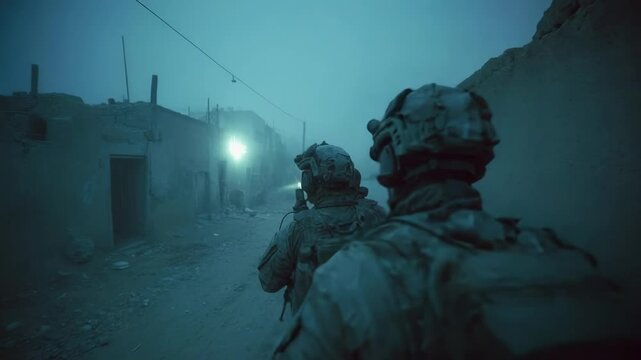 Two soldiers in full combat gear walk through a ruined street at night, bathed in blue light.