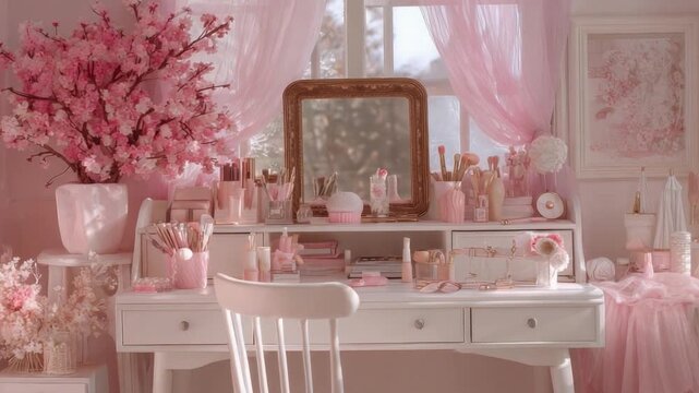 Ethereal Vanity: A blush-toned sanctuary reveals a serene dressing table, adorned with beauty essentials and delicate blossoms, inviting dreams of graceful mornings and peaceful self-care.
