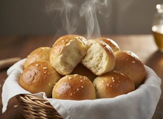 Basket of warm, soft, golden brown dinner rolls with flaky salt.