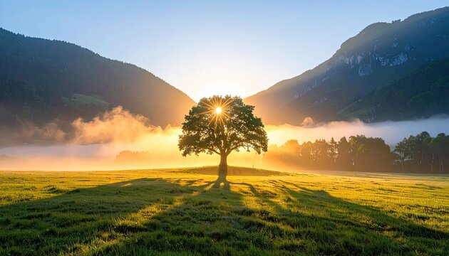 Lone Tree Bathed in Golden Sunrise Light Casting Long Shadows Across Misty Meadow with Mountain Backdrop and Sunburst Rays