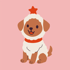 Adorable dog wearing a fluffy Christmas costume with a star on top and red collar