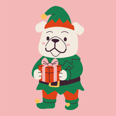 Cute Dog Dressed as Christmas Elf with Gift Box