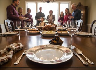 A family gathers around a table laden with food for a Thanksgiving dinner.
