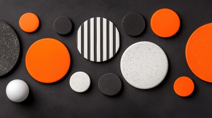 A collection of black, white, and orange circles arranged in a circular pattern on a black background.